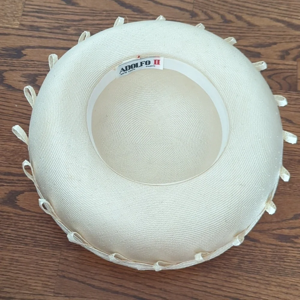 Vtg Adolfo II Old Money Cream Sculptural Wide Brim Accents Straw Hat - Picture 3 of 8